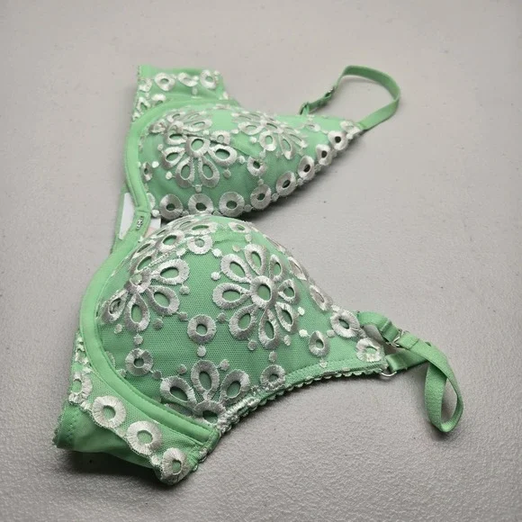Victoria's Secret Women Bra 32B Green Floral Push Up Pigeonnant Underwired Lace - Picture 9 of 15